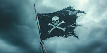 Pirate Flag With Skull And Bones Waving In The Wind, Cloudy Sky Background, Jolly Roger Symbol, Dark Mysterious Hacker And Robber Concept, Generative Ai