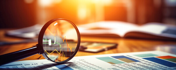 Poster - Hand Holding Magnifying Glass Over Chart, Market Research in Action. Business Control over quotes and shares. Market research. Trader.