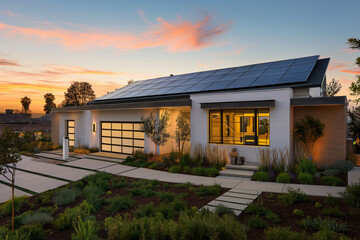 Modern Eco-Friendly House with Solar Panels at Sunset