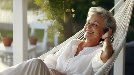 Serene elderly lady relaxing in a hammock, surrounded by a lush garden at sunset.