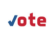 © Pedro - USA 2024 election vector: Vote text in bold, with checkmark as 'V' in red and blue, symbolizing American electoral participation