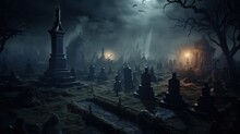 A Graveyard At Night Shrouded In Thick Foggy Haze.
