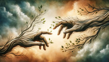 An Artistic Representation Of Human Hands And Tree Branches Reaching Towards Each Other