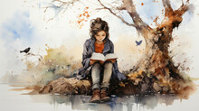 Watercolor Of A Woman Reading Under An Autumn Tree