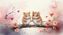 Watercolor Painting Of Hamsters In Love With Cherry Blossoms. Valentine's Day Concept
