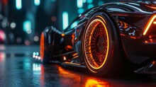 The Camera Zooms In On The Wheels Showcasing The Intricate Details Of The Custom Rims And The Glow Of The LED Lights Built Into Them.