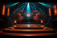 Empty Stage With Stairs Going Up , Theater Stage Light Background With Spotlight Illuminated The Stage For Opera Performance. Stage Lighting. Empty Stage With Bright Colors Backdrop Decoration. Enter