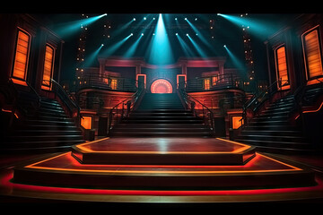 Wall Mural - empty stage with stairs going up , Theater stage light background with spotlight illuminated the stage for opera performance. Stage lighting. Empty stage with bright colors backdrop decoration. Enter