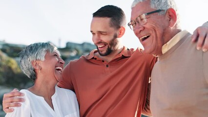 Sticker - Happy family, talking and laughing on beach for summer vacation adventure and bonding together for love by sea. Father, mother and son for social chat with funny joke, and holiday wellness by ocean