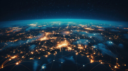 Poster - Digital illustration of a global network connectivity with glowing nodes and earth atmosphere.