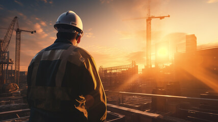 Wall Mural - Back view of construction engineer looking at the building in the construction site with sunset