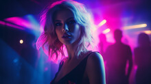 Beauty Girl On Disco Party In Neon Light