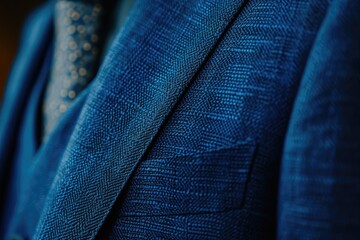 Close up photo of blue fabric texture on suit emphasizing depth of field