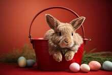 Picture Of Cute Easter Bunny With Bucket With Easter Eggs With Red Background