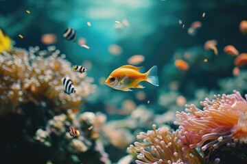 Wall Mural - Ultra realistic photo of Glass fish and other tropical species moving above coral reef. eco friendly interior concept, atmospheric, cinematic, high definition, depth of field, 8K, 