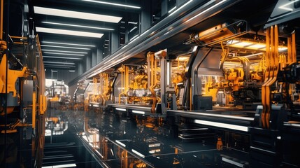 Canvas Print - A modern factory with yellow and black machines and some workers