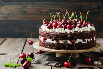 Sticker - Dark chocolate cake with cherry cream on wooden background