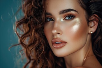 Wall Mural - Stunning model with flawless makeup and curly hair adorned with fashionable gold makeup and jewelry showcasing care and beauty hair products on a dark blue bac