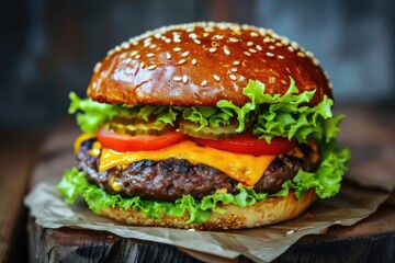 Sticker - Delicious cheeseburger with lettuce cheddar tomato pickles on a sesame bun in a rustic setting