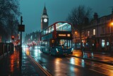 Fototapeta Londyn - Double decker bus at night