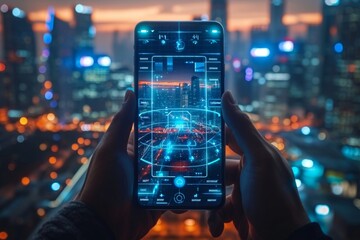 Poster - Smart city and internet of things (IoT) concept. Smartphone in hand.