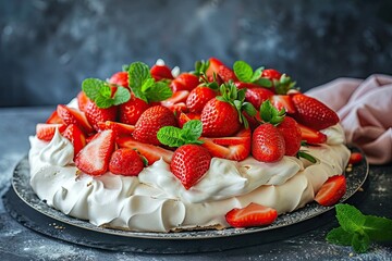 Wall Mural - Summer dessert with fresh strawberries and mint a classic French confectionery