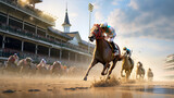 Fototapeta Perspektywa 3d - Grand National, Melbourne Cup, Kentucky Derby, The Preakness Stake, white horse, Racing Horse, ai generated 