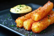 Creamy Cheddar Cheese And Melted Cheese On Fried Potato Sticks