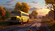autumn school bus, Yellow school bus fleet on parking, School bus front right view from low angle, Generative Ai