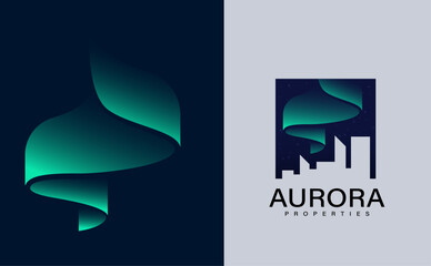 aurora northern lights in the sky at night. vector scene turned into a real estate property business