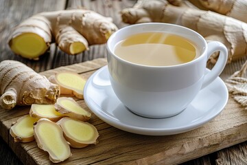 Sticker - Ginger tea on wooden background in a white cup