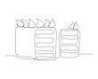 © MuhammadZulfan - Continuous single line sketch drawing of birthday tart cake. One line art of delicious dessert bread cake surprise decoration happy day vector illustration