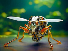 A Fly On A Leaf Futuristic Insect Robot Concept Fly Of A Flower. Generative AI