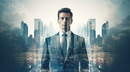 Double exposure of a business man in a suit in front of a city building background