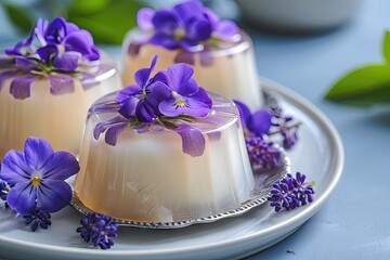 Sticker - Healthy jelly and bavarian cream dessert with edible violet flowers a unique Japanese treat