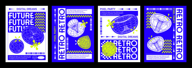 Poster - Poster and cover design layout in y2k style with grid abstract simple techno shapes. Vector set of retro bright blue banner in 2000s retro aesthetic with wireframe streetwear figure ornament.