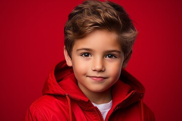 Portrait of a cute little boy in a red jacket on a red background.