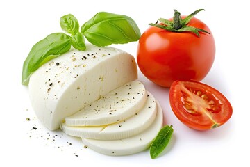 Wall Mural - Mozzarella cheese basil and tomato isolated on white background with depth of field