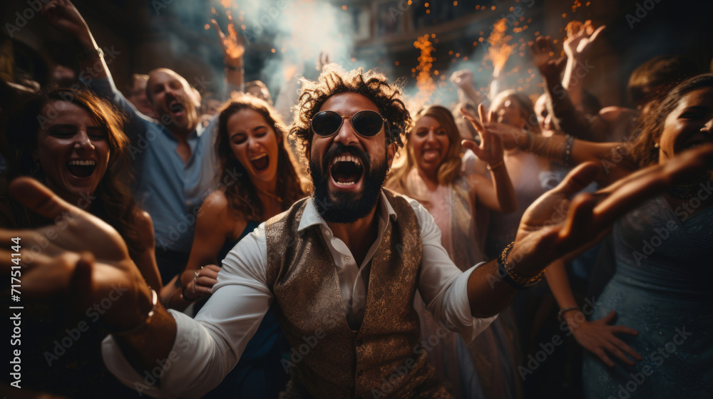 Group of people joyously dancing at an Indian wedding celebration ...