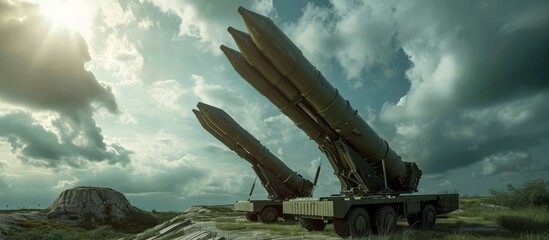 Ground-based medium range missile complexes for anti-aircraft purposes in a natural environment, aimed towards the sky.