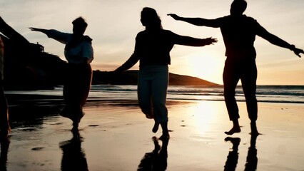 Sticker - Family, game and plane on beach at sunset playing with freedom and silhouette of travel on holiday. Summer, vacation and running with children in flight of airplane on sand and bonding together