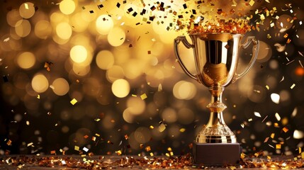 Wall Mural - golden trophy cup with confetti on bokeh background
