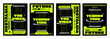© klyaksun - Y2k aesthetic techno banners set. Vector realistic illustration of retrowave posters with vibrant yellow text and lines on black background, announcement text frame, retro futuristic vibe flyers
