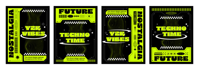 Wall Mural - Y2k aesthetic techno banners set. Vector realistic illustration of retrowave posters with vibrant yellow text and lines on black background, announcement text frame, retro futuristic vibe flyers