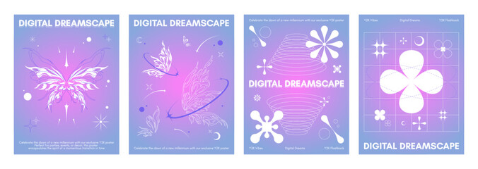 Poster - y2k aesthetic poster design with abstract simple shape and tribal butterfly ornament on pastel pink 