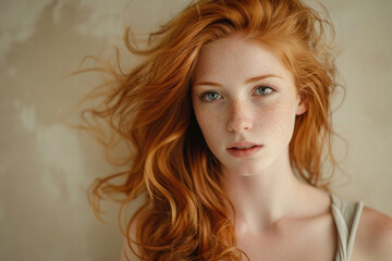  A young redhead woman with her vibrant, windswept red hair