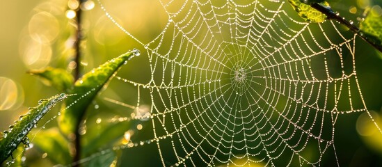 Wall Mural - Spider web with raindrops sparkling in sunlight, intricately woven across a green plant, showcasing nature's beauty in a delicate way.