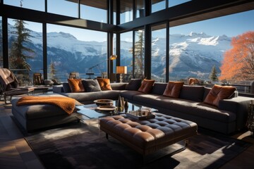 Wall Mural - Luxury ski chalet in the Swiss Alps with panoramic mountain views, Generative AI