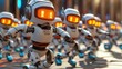 A group of robots forming a synchronized line dance with one robot glaring at the others as it struggles to follow the steps correctly causing the other robots to break character