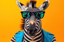 Funny Zebra Wearing Sunglasses In Colorful Background.